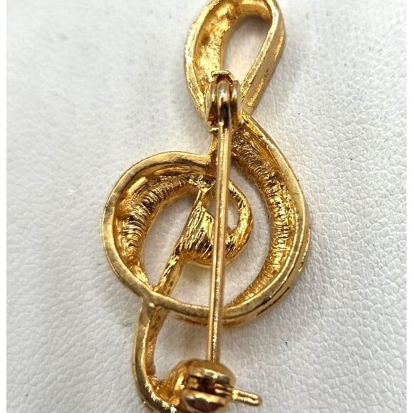 Gold-Tone Treble Clef Pin Brooch With Clear Rhinestones - Picture 2 of 3